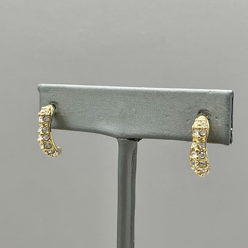 Swarovski Earrings Gold Tone Crystal Curved Half Hoop Stud Pierced Sparkle